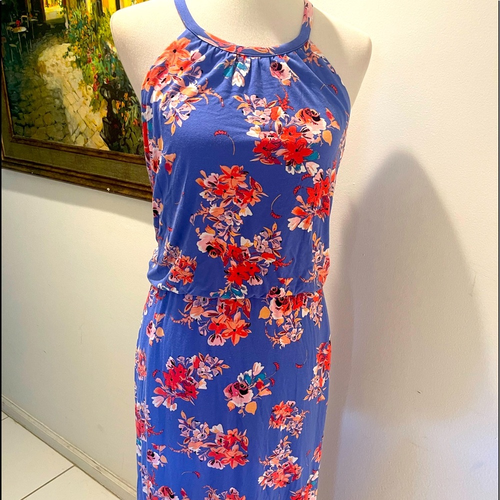 Tabitha Webb Blue Flora Halter Maxi Dress Pocket M